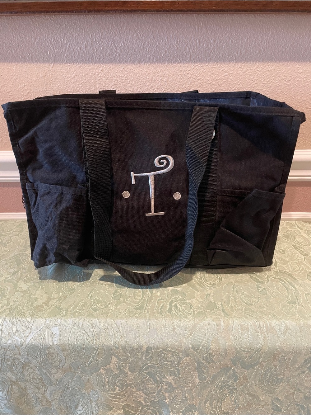Thirty-One Zip Top Organizing Utility Tote Black with Monogram “T” in White